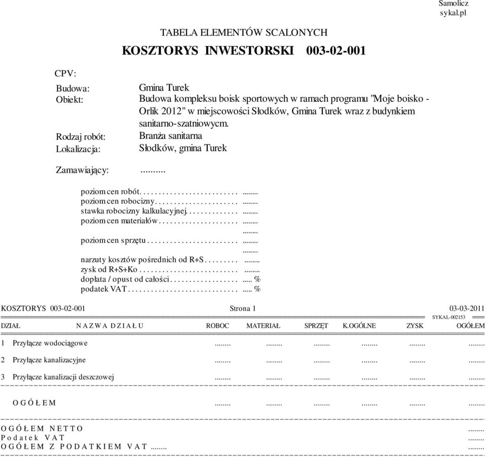 Gmina Turek wraz z budynkiem sanitarno-szatniowycm. Rodzaj robót: BranŜa sanitarna Lokalizacja: Słodków, gmina Turek Zamawiający:.. poziom...... cen.... robót.............................. poziom...... cen.... robocizny.