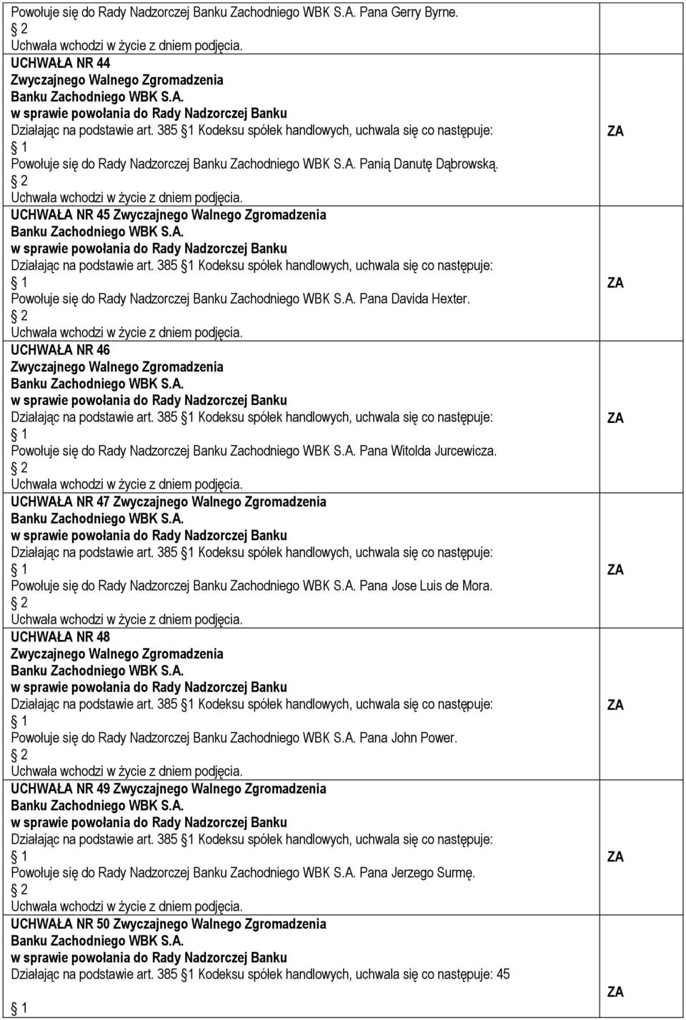 385 Kodeksu spółek handlowych, uchwala się co następuje: Powołuje się do Rady Nadzorczej Pana Davida Hexter. UCHWAŁA NR 46 Działając na podstawie art.