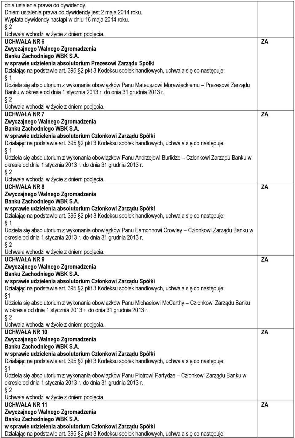 absolutorium z wykonania obowiązków Panu Andrzejowi Burlidze Członkowi Zarządu Banku w okresie od dnia 1 stycznia 2013 r. do dnia 31 grudnia 2013 r.