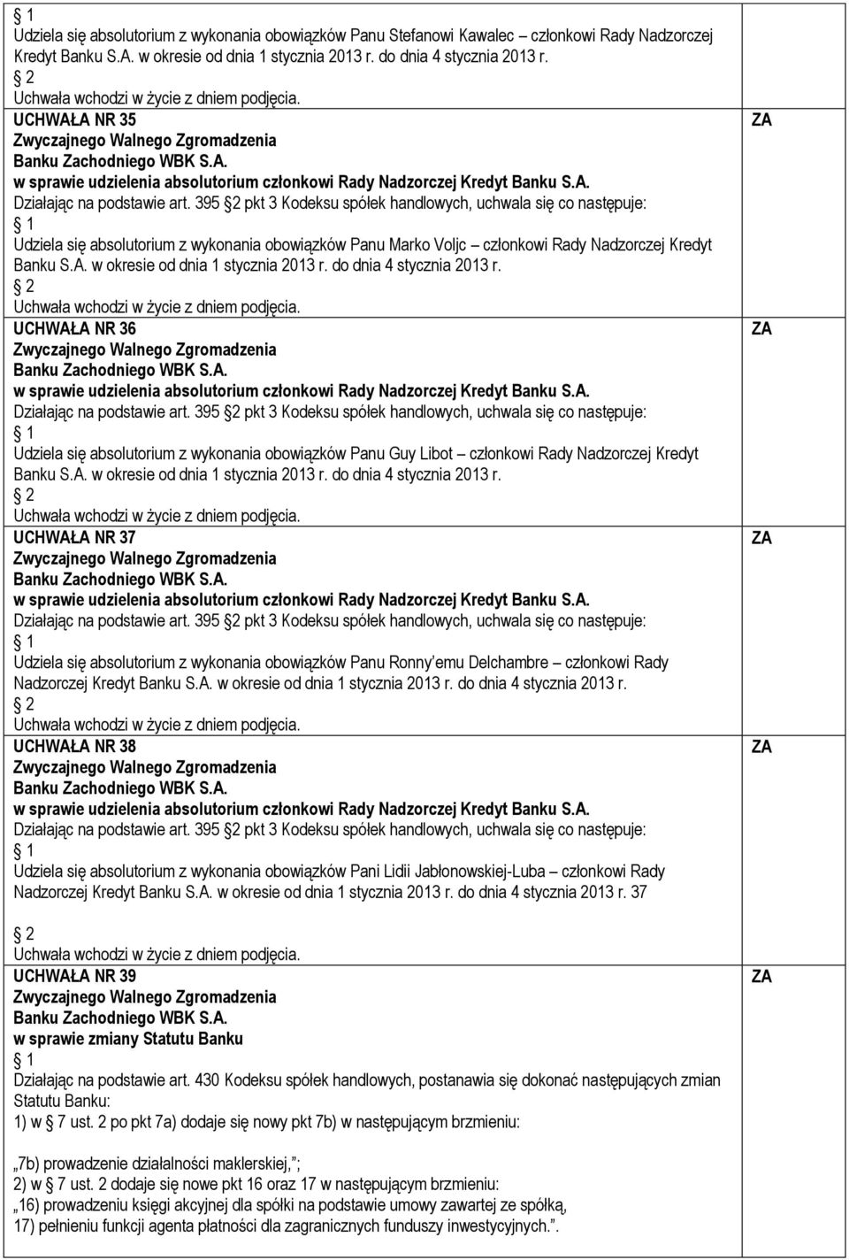 do dnia 4 stycznia 2013 r. UCHWAŁA NR 36 w sprawie udzielenia absolutorium członkowi Rady Nadzorczej Kredyt Banku S.A. Udziela się absolutorium z wykonania obowiązków Panu Guy Libot członkowi Rady Nadzorczej Kredyt Banku S.