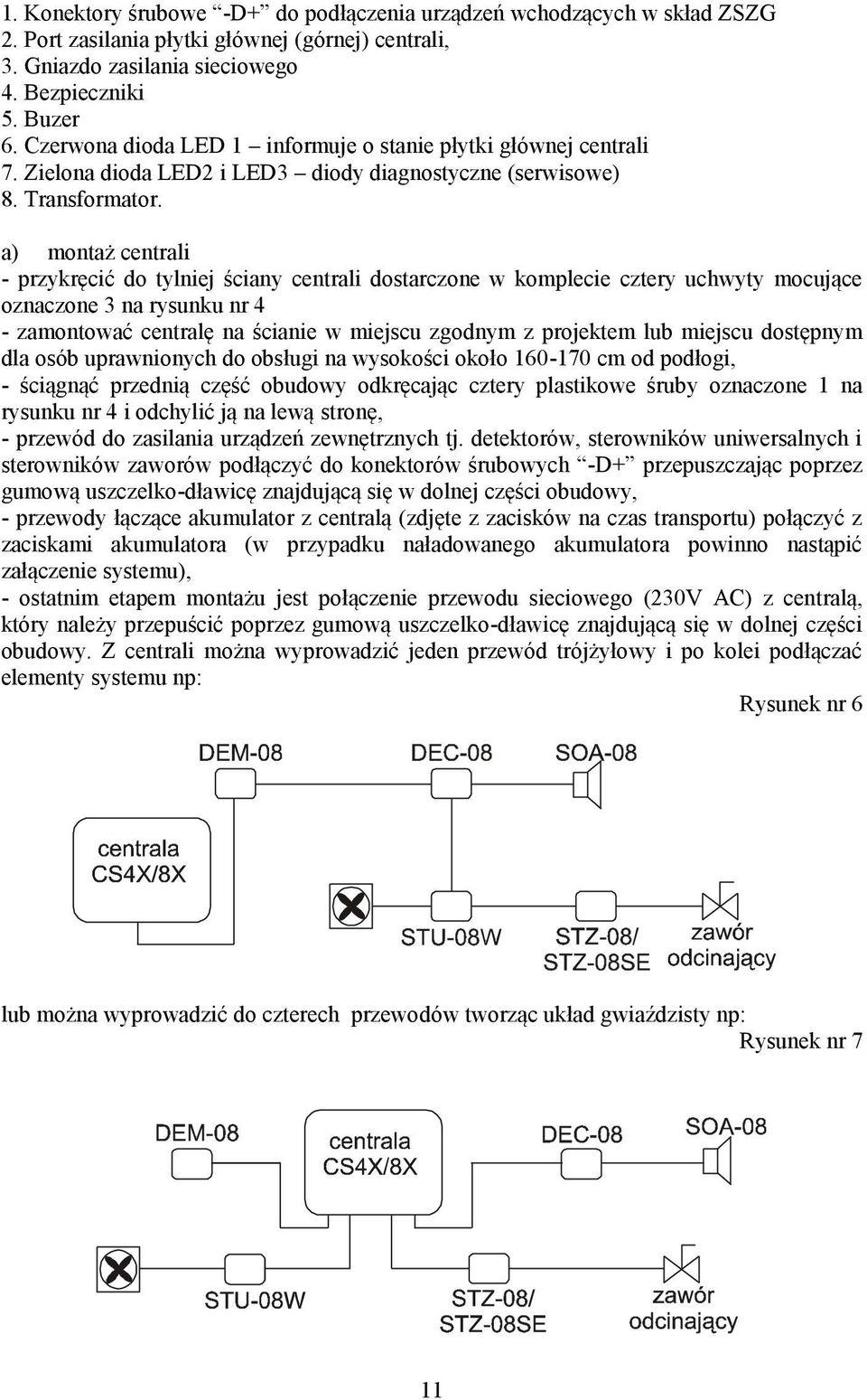 a) montaż centrali - przykręcić do tylniej ściany centrali dostarczone w komplecie cztery uchwyty mocujące oznaczone 3 na rysunku nr 4 - zamontować centralę na ścianie w miejscu zgodnym z projektem