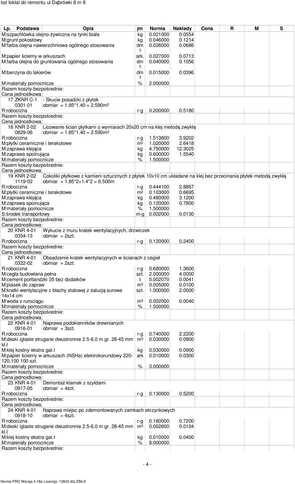 096 17 ZKNR C-1 001-01 - Skucie posadzki z płytek obmiar = 1.85*1.40 = 2.590m 2 R:robocizna r-g 0.200000 0.