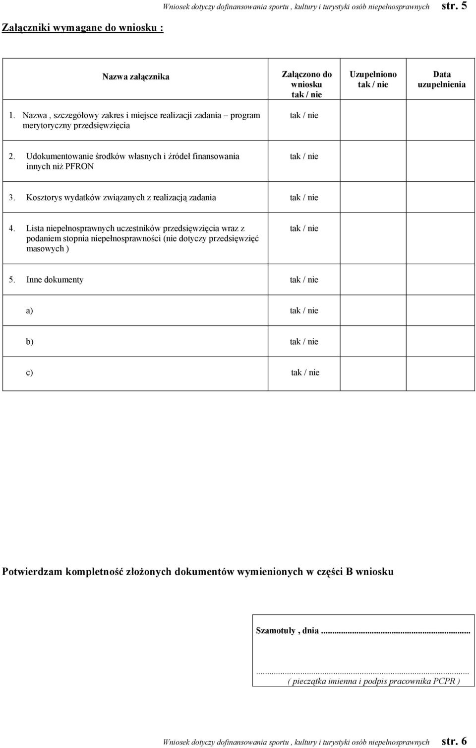 Kosztorys wydatków związanych z realizacją zadania 4. Lista niepełnosprawnych uczestników przedsięwzięcia wraz z podaniem stopnia niepełnosprawności (nie dotyczy przedsięwzięć masowych ) 5.