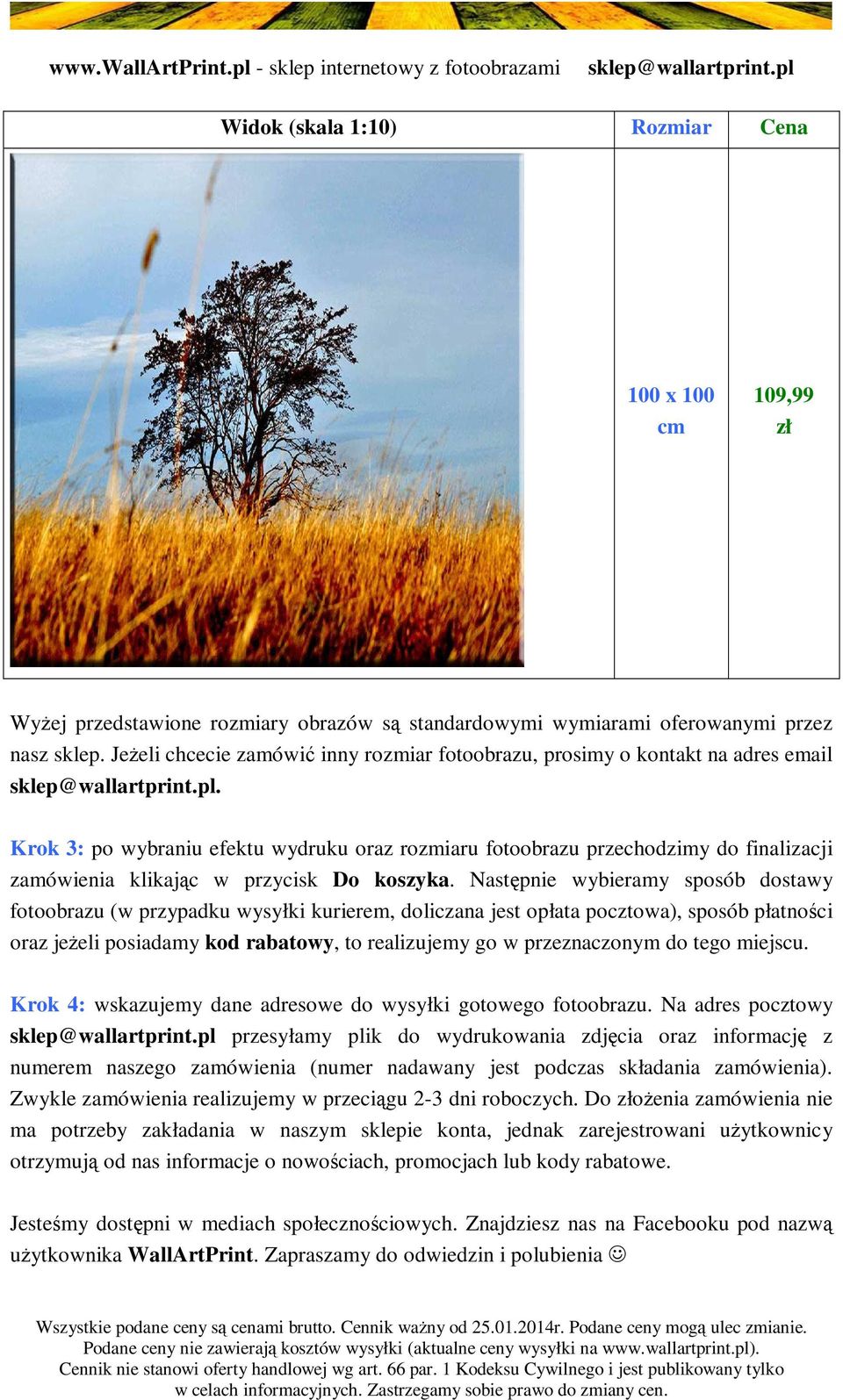 Następnie wybieramy sposób dostawy fotoobrazu (w przypadku wysyłki kurierem, doliczana jest opłata pocztowa), sposób płatności oraz jeżeli posiadamy kod rabatowy, to realizujemy go w przeznaczonym do