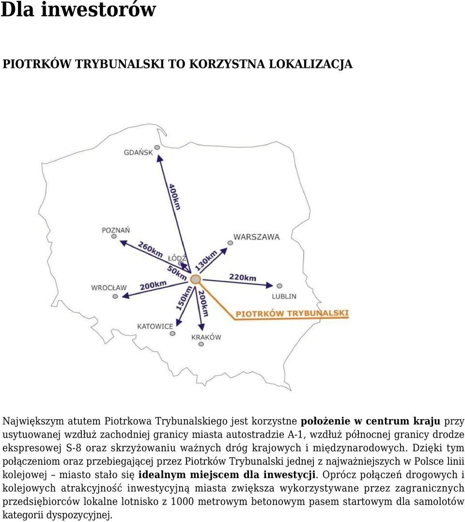 Dzięki tym połączeniom oraz przebiegającej przez Piotrków Trybunalski jednej z najważniejszych w Polsce linii kolejowej miasto stało się idealnym miejscem dla inwestycji.