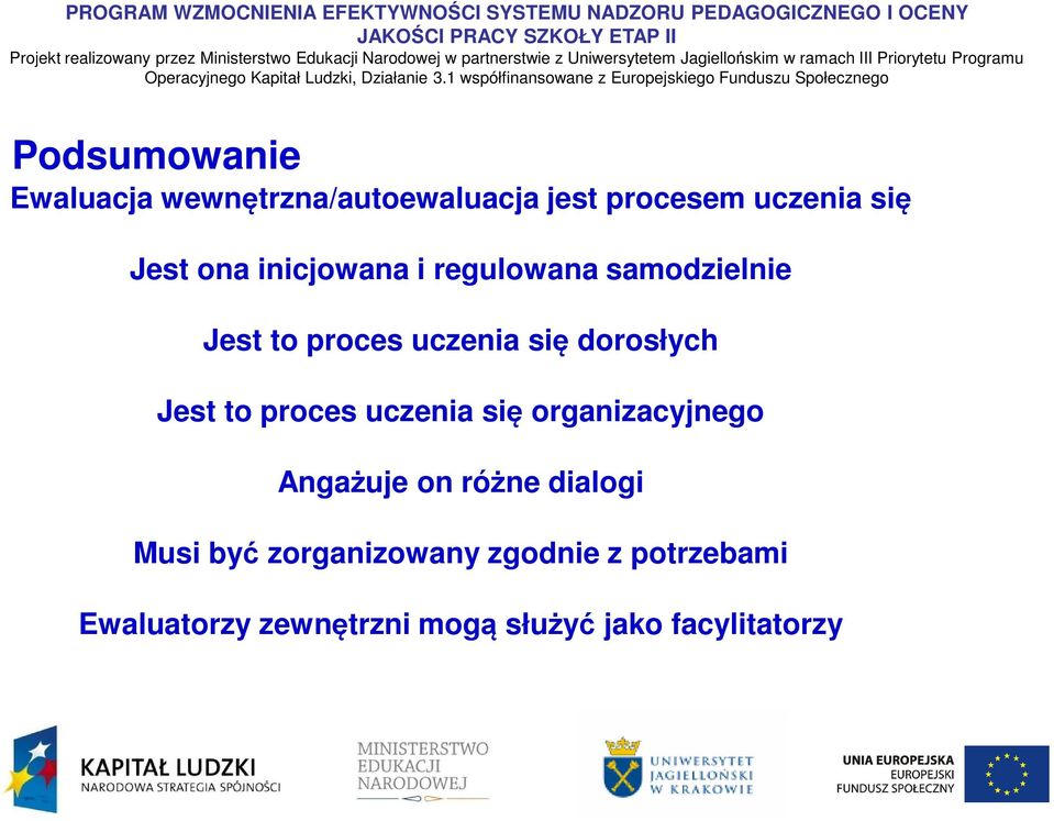 Jest to proces uczenia się organizacyjnego Angażuje on różne dialogi Musi być