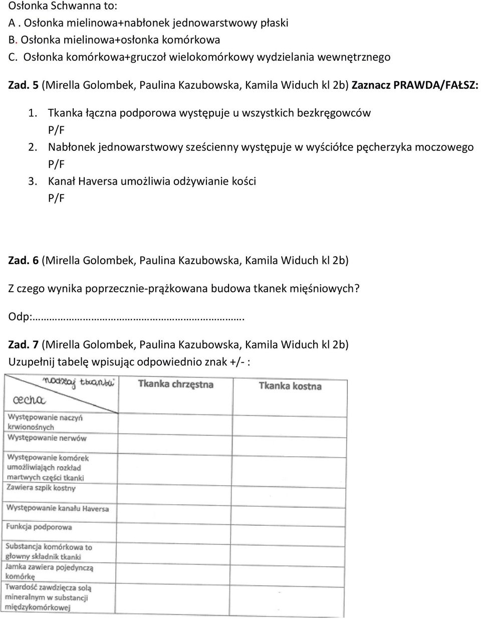 Tkanka łączna podporowa występuje u wszystkich bezkręgowców P/F 2. Nabłonek jednowarstwowy sześcienny występuje w wyściółce pęcherzyka moczowego P/F 3.
