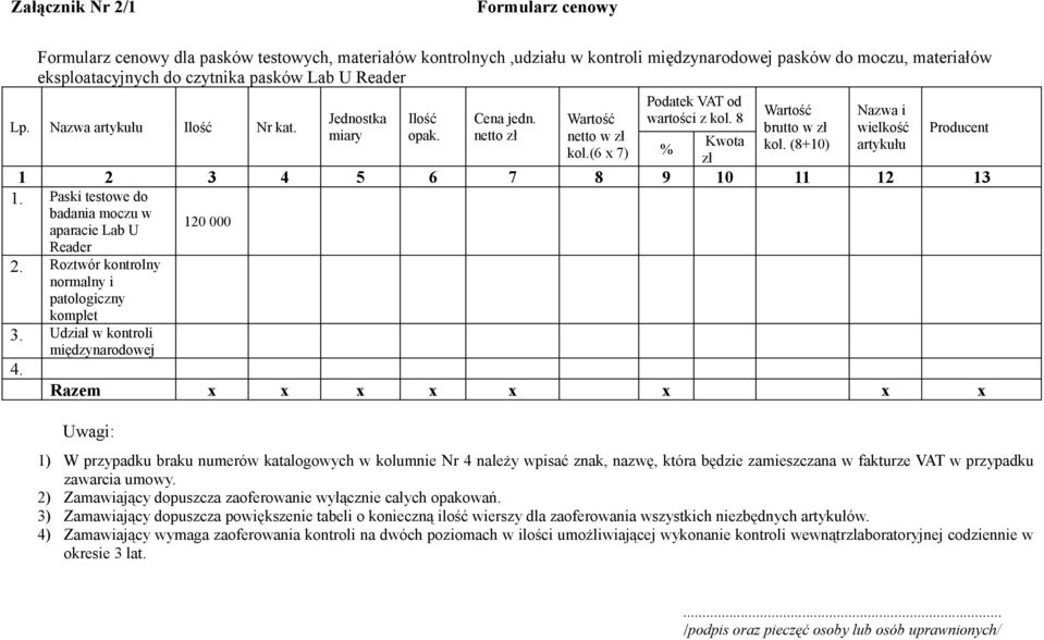 (8+10) Nazwa i wielkość artykułu 1 2 3 4 5 6 7 8 9 10 11 12 13 Paski testowe do badania moczu w aparacie Lab U Reader 120 000 Roztwór kontrolny normalny i patologiczny komplet 3.