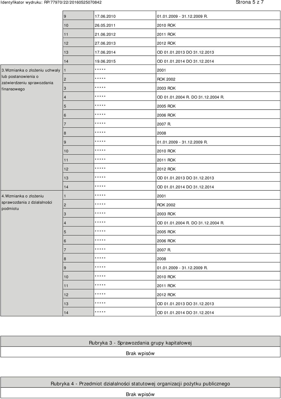 DO 31.12.2004 R. 5 ***** 2005 ROK 6 ***** 2006 ROK 7 ***** 2007 R. 8 ***** 2008 9 ***** 01.01.2009-31.12.2009 R. 10 ***** 2010 ROK 11 ***** 2011 ROK 12 ***** 2012 ROK 13 ***** OD 01.01.2013 DO 31.12.2013 14 ***** OD 01.