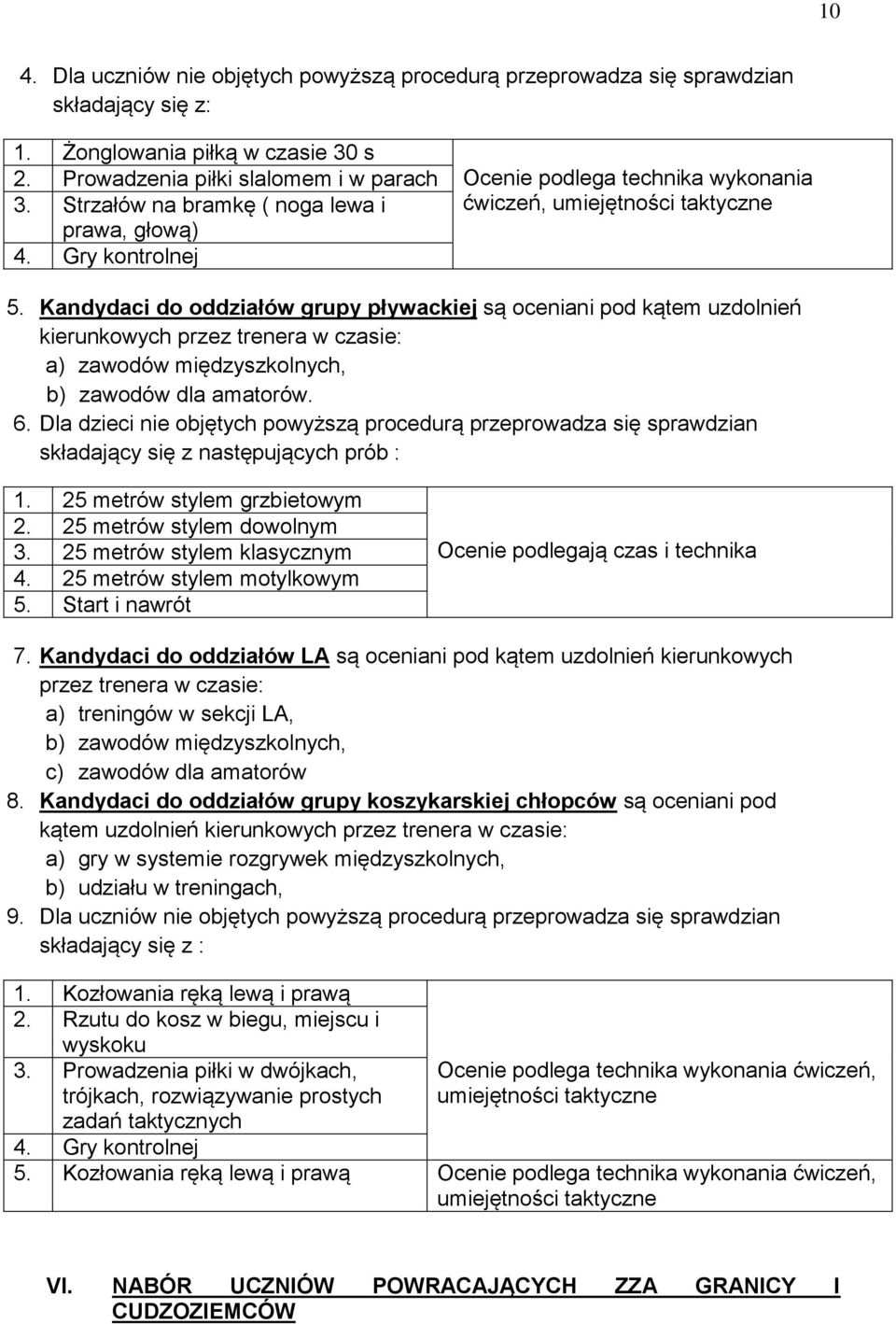 Kandydaci do oddziałów grupy pływackiej są oceniani pod kątem uzdolnień kierunkowych przez trenera w czasie: a) zawodów międzyszkolnych, b) zawodów dla amatorów. 6.