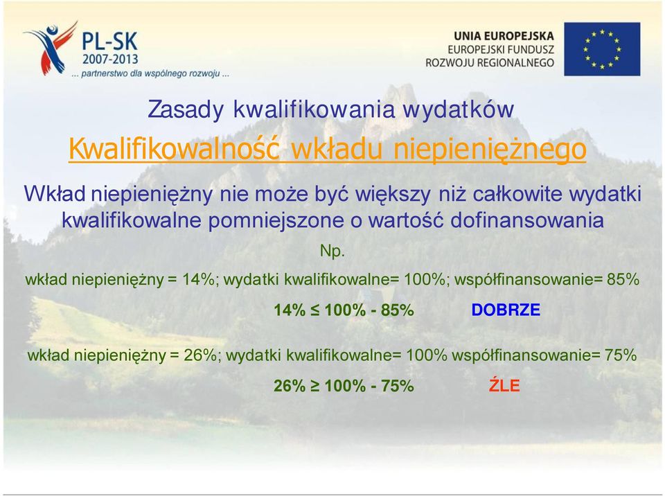 wkład niepieniężny = 14%; wydatki kwalifikowalne= 100%; współfinansowanie= 85% 14% 100%