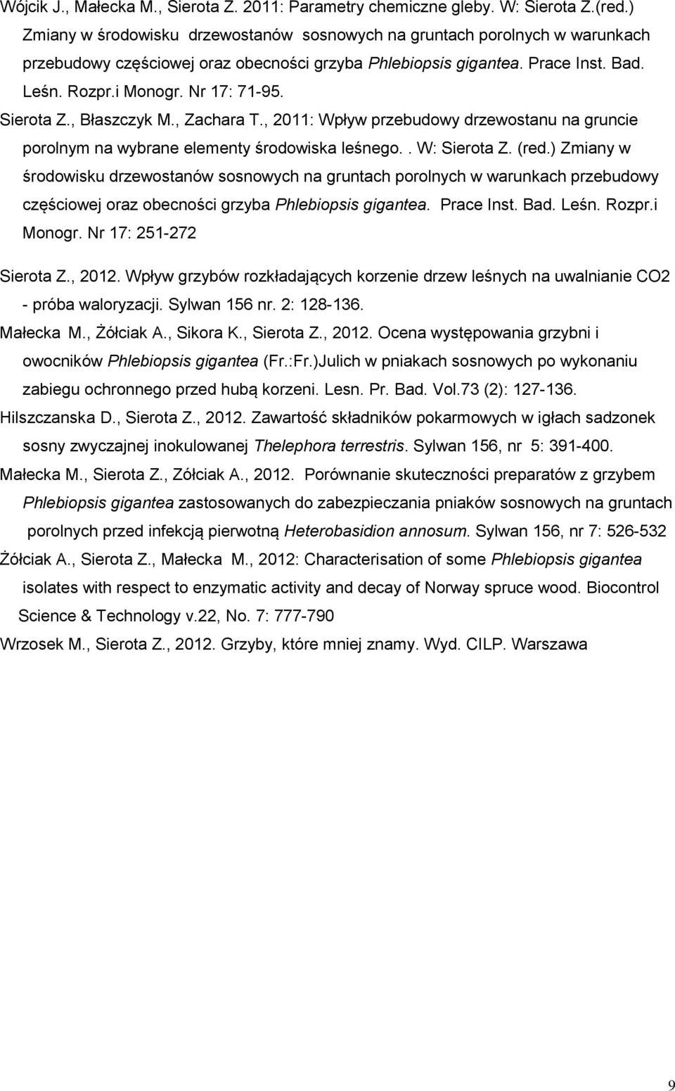 Sierota Z., Błaszczyk M., Zachara T., 2011: Wpływ przebudowy drzewostanu na gruncie porolnym na wybrane elementy środowiska leśnego.. W: Sierota Z. (red.