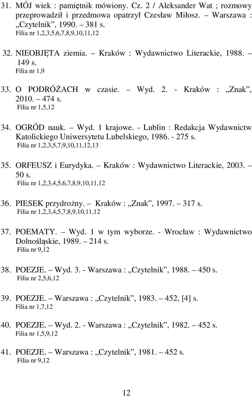 - Lublin : Redakcja Wydawnictw Katolickiego Uniwersytetu Lubelskiego, 1986. - 275 s. Filia nr 1,2,3,5,7,9,10,11,12,13 35. ORFEUSZ i Eurydyka. Kraków : Wydawnictwo Literackie, 2003. 50 s.