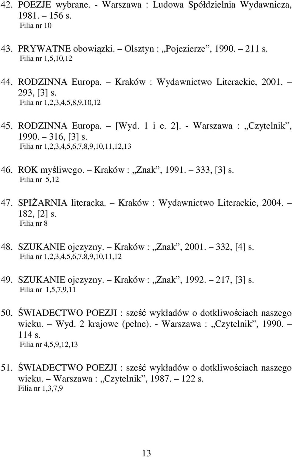 Filia nr 1,2,3,4,5,6,7,8,9,10,11,12,13 46. ROK myśliwego. Kraków : Znak, 1991. 333, [3] s. Filia nr 5,12 47. SPIŻARNIA literacka. Kraków : Wydawnictwo Literackie, 2004. 182, [2] s. Filia nr 8 48.