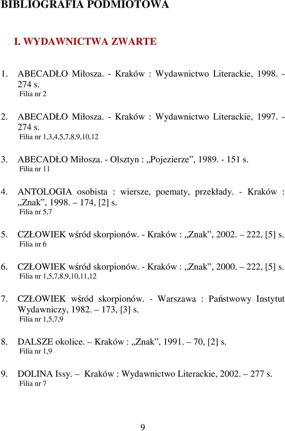 - Kraków : Znak, 2002. 222, [5] s. Filia nr 6 6. CZŁOWIEK wśród skorpionów. - Kraków : Znak, 2000. 222, [5] s. Filia nr 1,5,7,8,9,10,11,12 7. CZŁOWIEK wśród skorpionów. - Warszawa : Państwowy Instytut Wydawniczy, 1982.