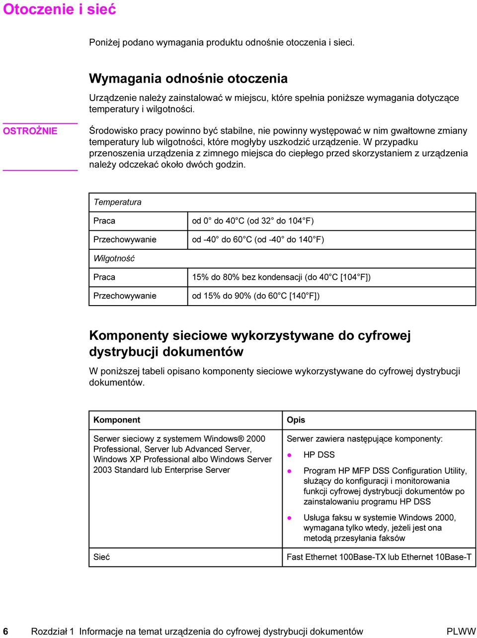 OSTROŻNIE Środowisko pracy powinno być stabilne, nie powinny występować w nim gwałtowne zmiany temperatury lub wilgotności, które mogłyby uszkodzić urządzenie.