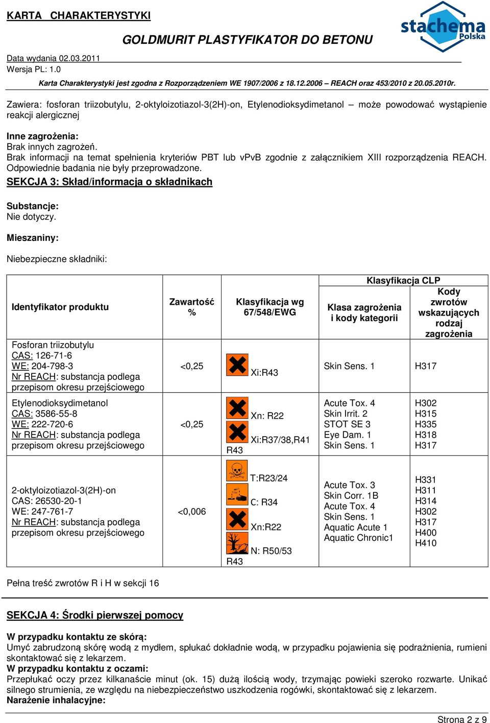 SEKCJA 3: Skład/informacja o składnikach Substancje: Nie dotyczy.