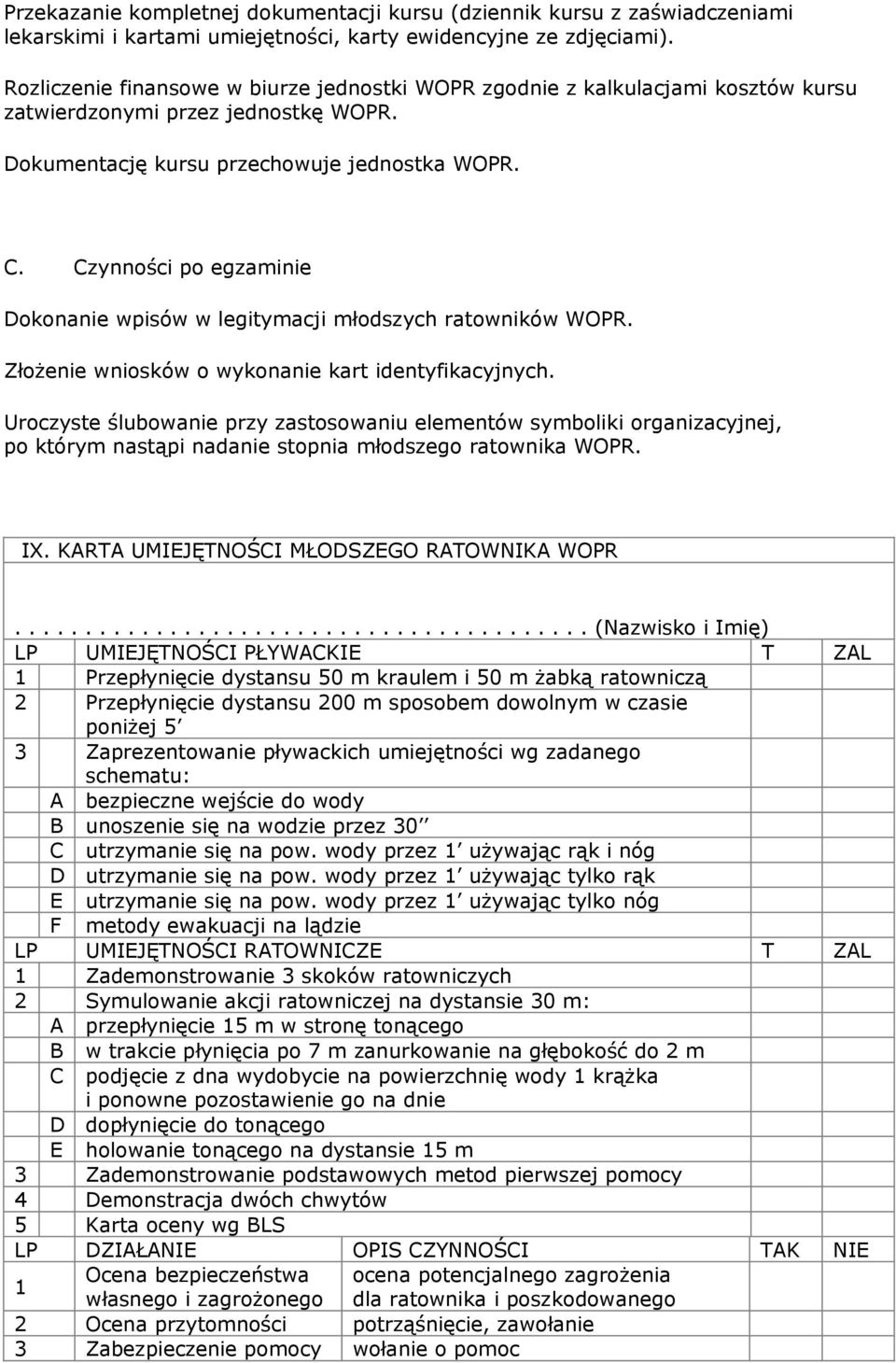 Czynności po egzaminie Dokonanie wpisów w legitymacji młodszych ratowników WOPR. Złożenie wniosków o wykonanie kart identyfikacyjnych.