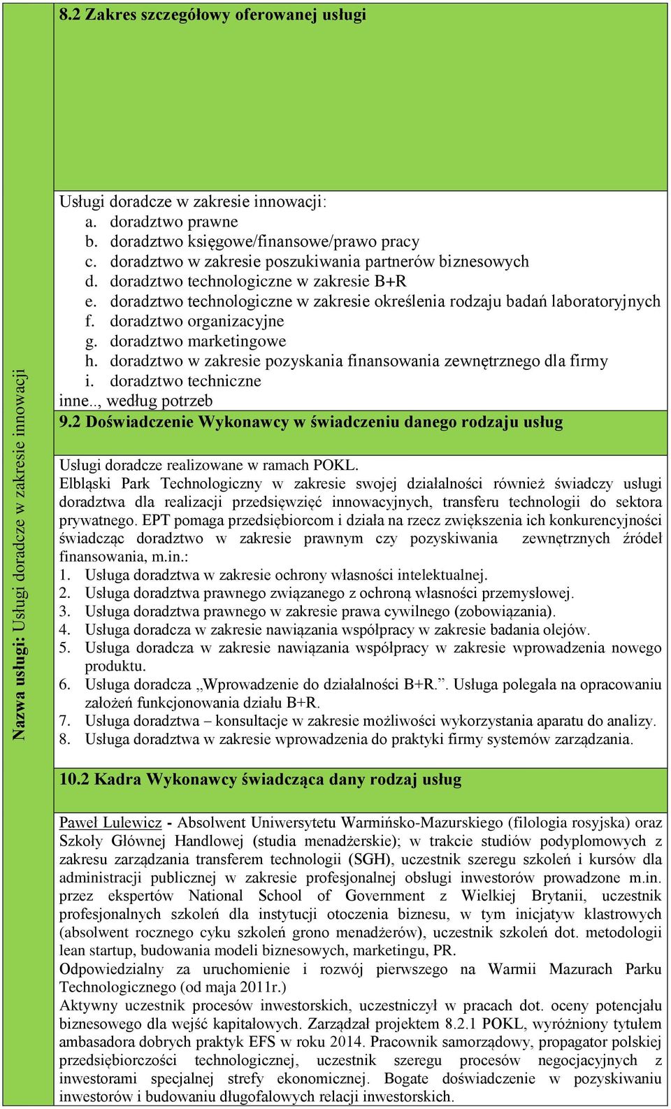 doradztwo organizacyjne g. doradztwo marketingowe h. doradztwo w zakresie pozyskania finansowania zewnętrznego dla firmy i. doradztwo techniczne inne.., według potrzeb 9.