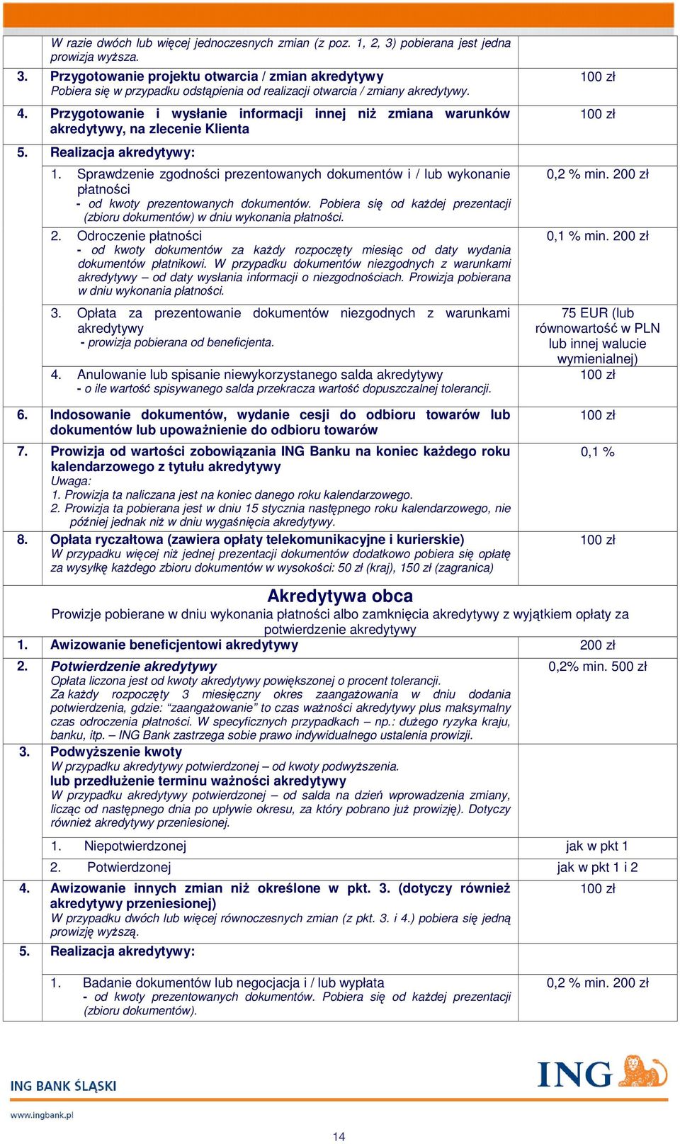 Sprawdzenie zgodności prezentowanych dokumentów i / lub wykonanie płatności - od kwoty prezentowanych dokumentów. Pobiera się od kaŝdej prezentacji (zbioru dokumentów) w dniu wykonania płatności. 2.