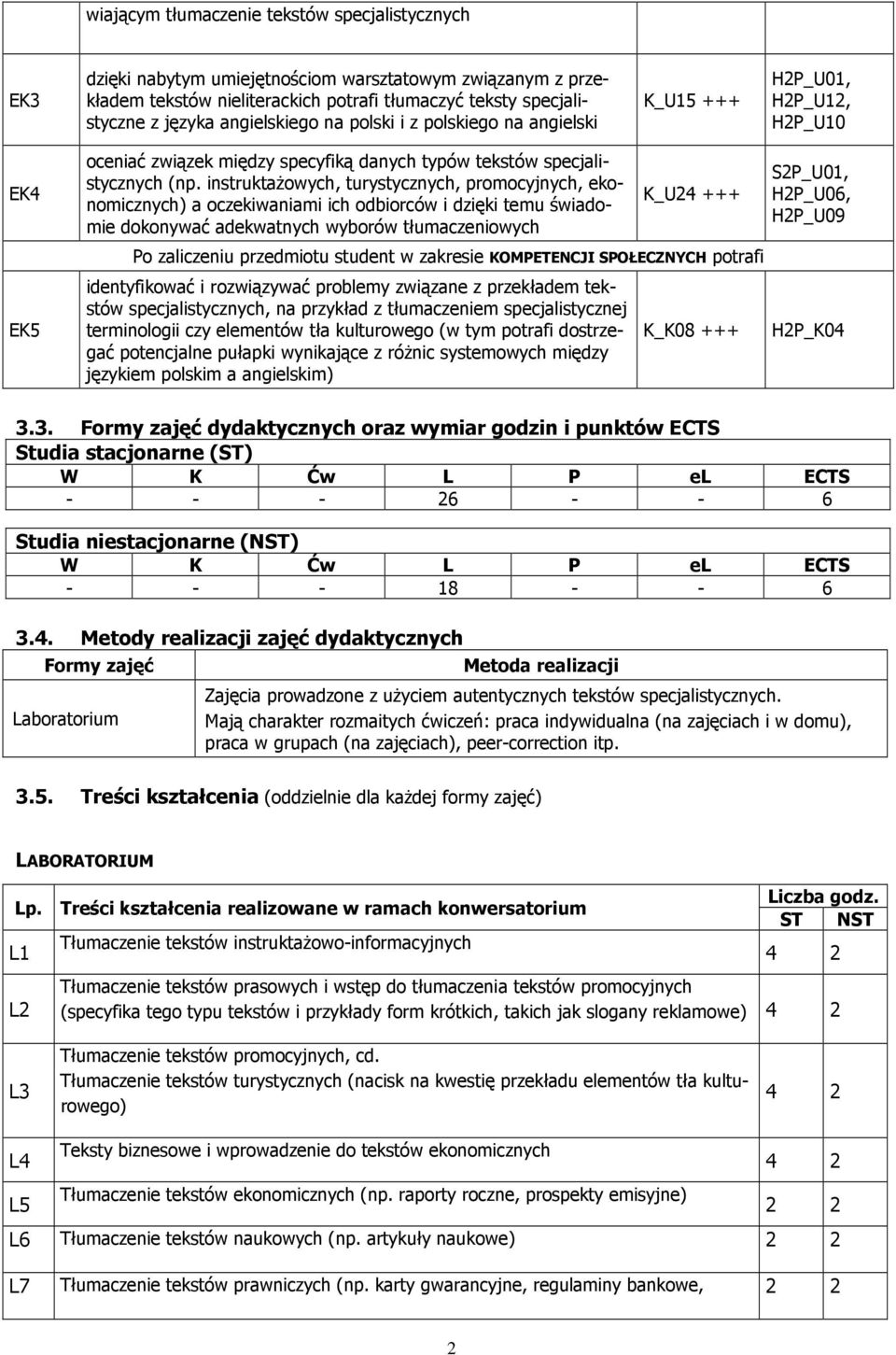 instruktaŝowych, turystycznych, promocyjnych, ekonomicznych) a oczekiwaniami ich odbiorców i dzięki temu świadomie dokonywać adekwatnych wyborów tłumaczeniowych K_U24 +++ S2P_U01, H2P_U06, H2P_U09 Po