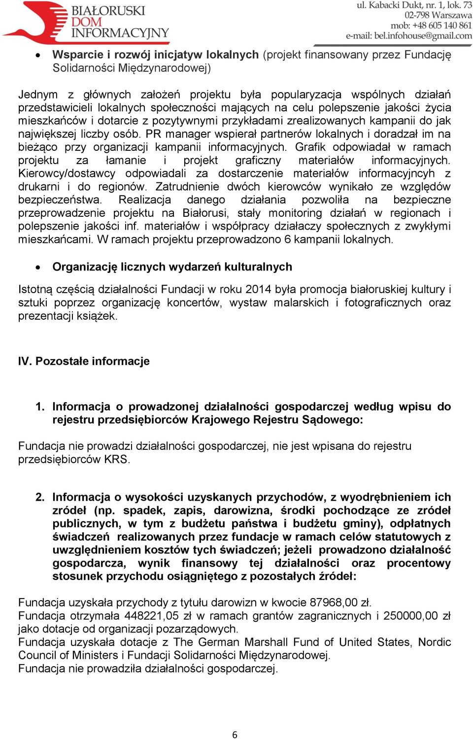 PR manager wspierał partnerów lokalnych i doradzał im na bieżąco przy organizacji kampanii informacyjnych. Grafik odpowiadał w ramach projektu za łamanie i projekt graficzny materiałów informacyjnych.