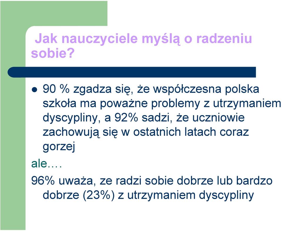 utrzymaniem dyscypliny, a 92% sadzi, że uczniowie zachowują się w