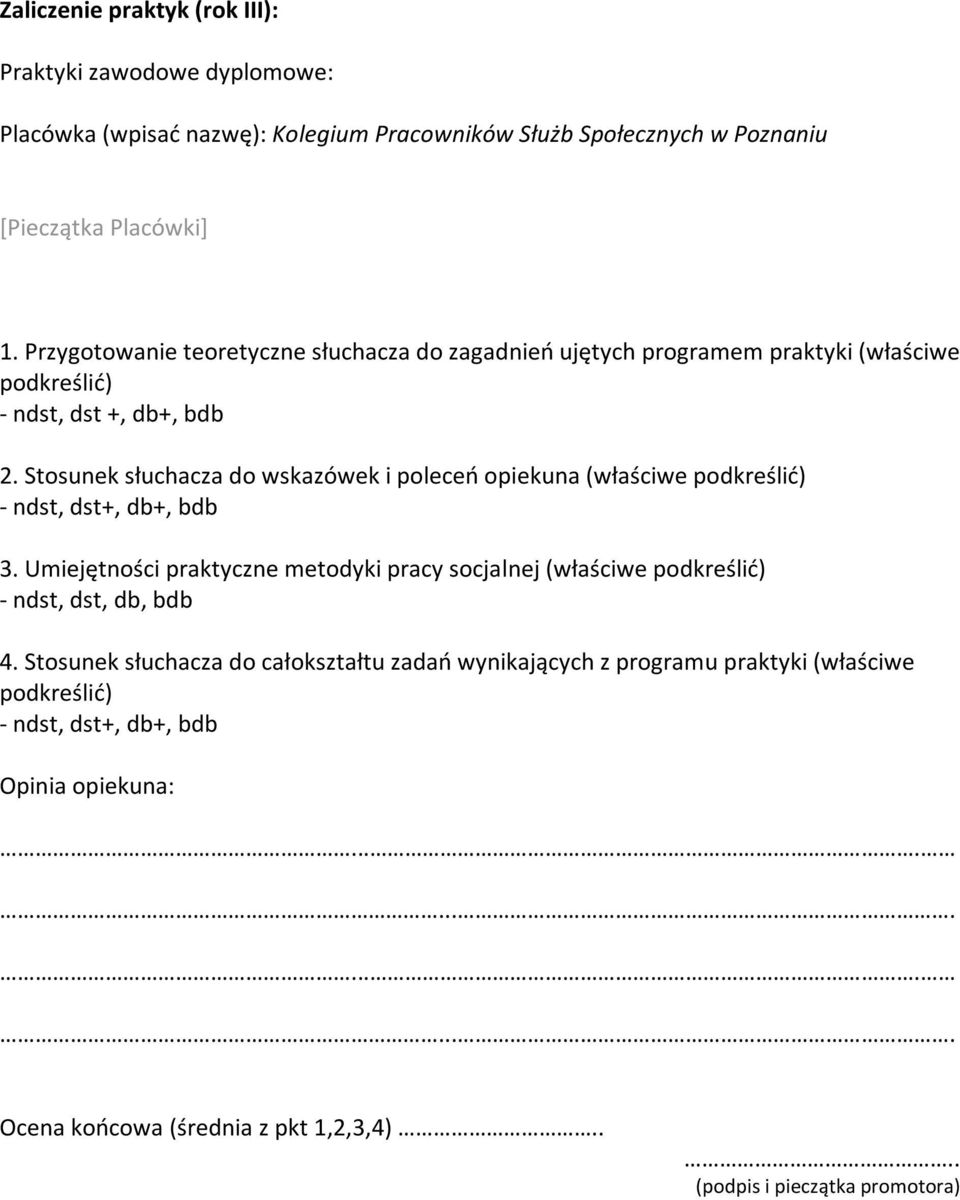 Stosunek słuchacza do wskazówek i poleceń opiekuna (właściwe 3. Umiejętności praktyczne metodyki pracy socjalnej (właściwe - ndst, dst, db, bdb 4.