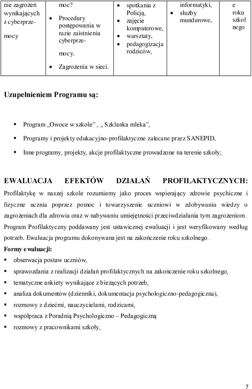 Uzupełnieniem Programu są: Program Owoce w szkole, Szklanka mleka, Programy i projekty edukacyjno-profilaktyczne zalecane przez SANEPID, Inne programy, projekty, akcje profilaktyczne prowadzone na