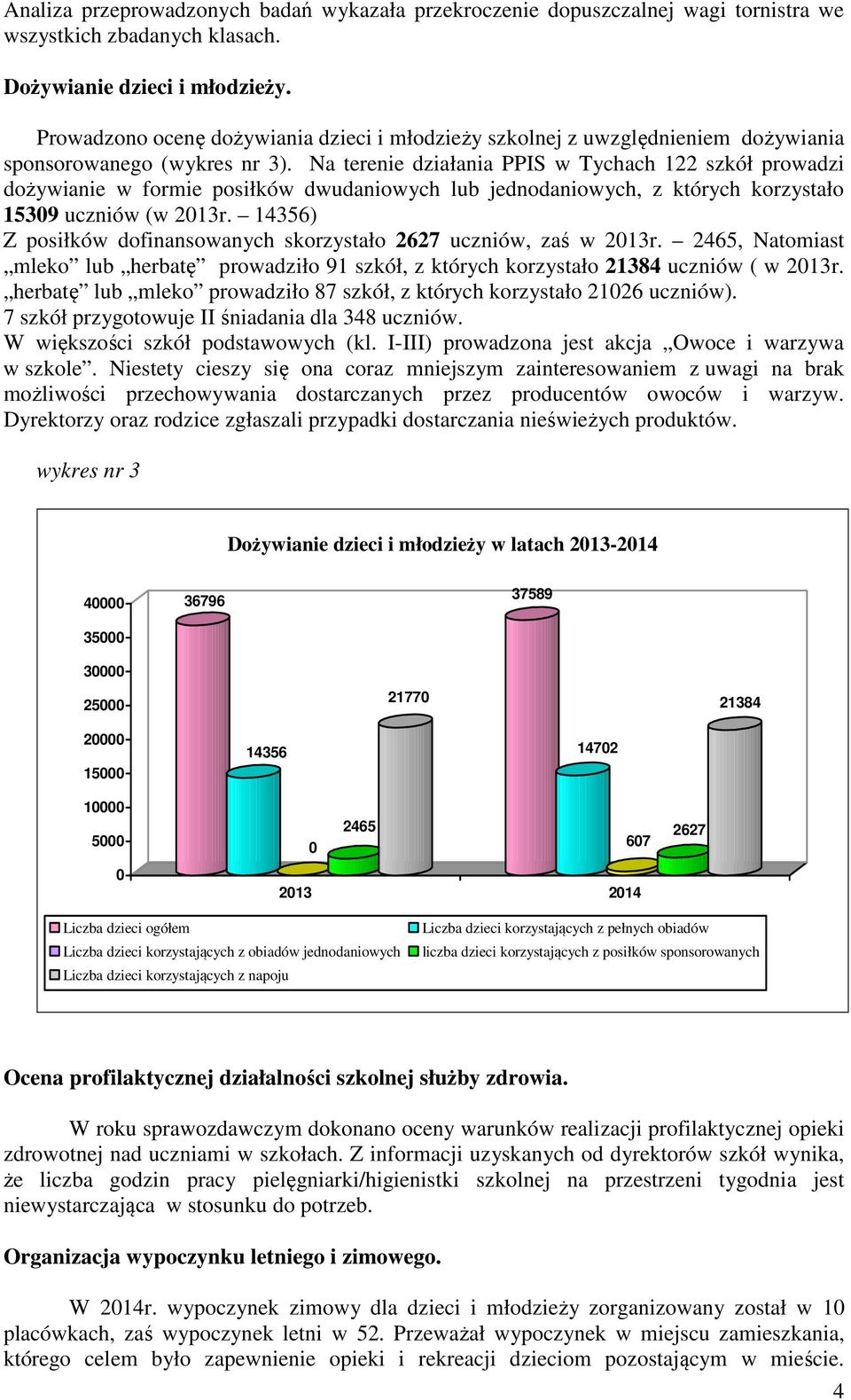 Na terenie działania PPIS w Tychach 122 szkół prowadzi dożywianie w formie posiłków dwudaniowych lub jednodaniowych, z których korzystało 15309 uczniów (w 2013r.