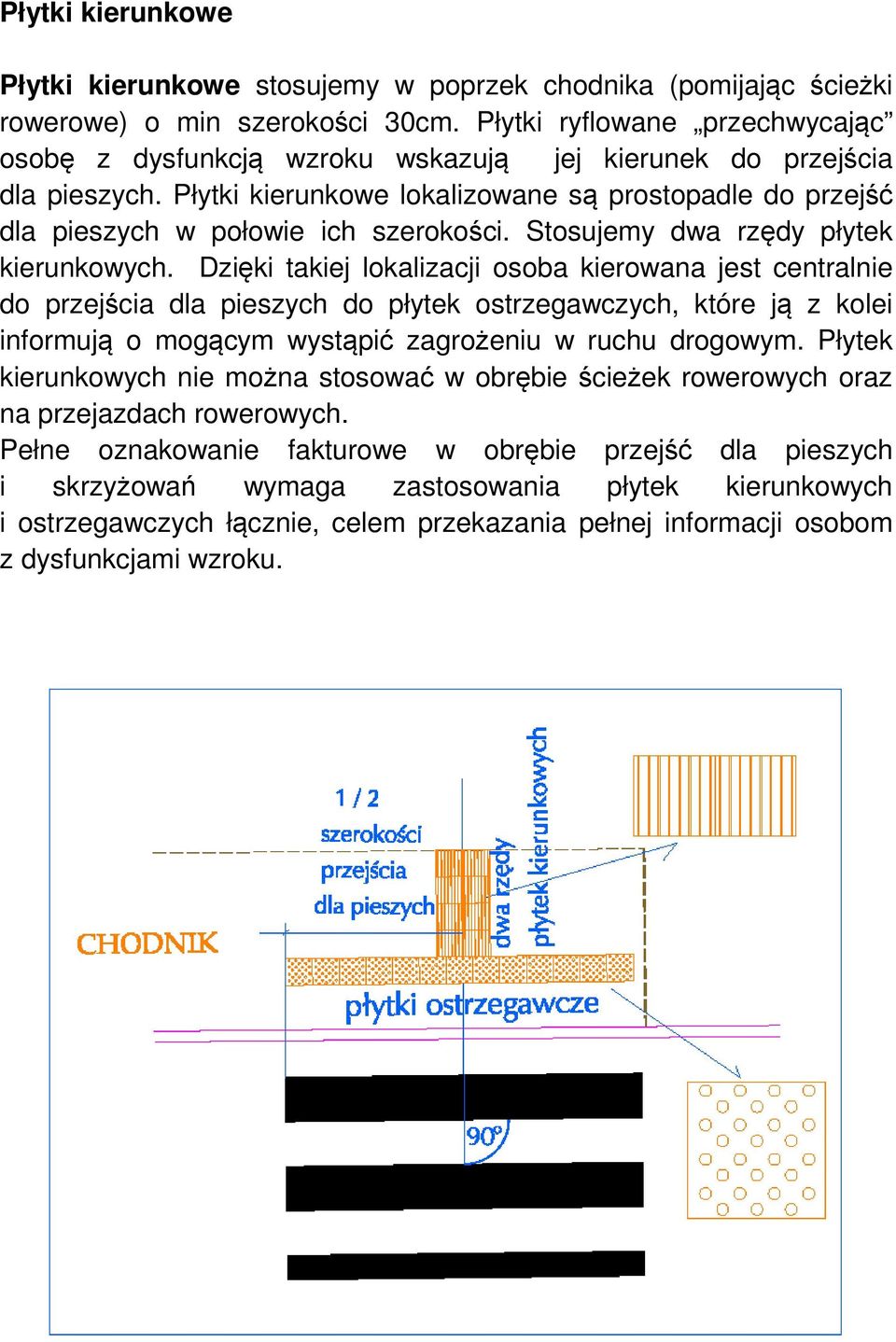 Płytki kierunkowe lokalizowane są prostopadle do przejść dla pieszych w połowie ich szerokości. Stosujemy dwa rzędy płytek kierunkowych.