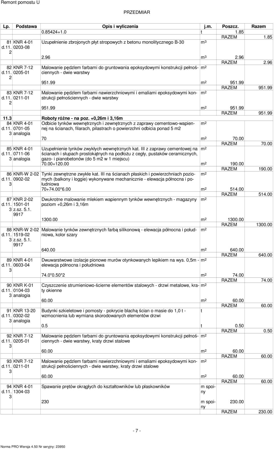 99 Malowanie pędzlem farbami nawierzchniowymi i emaliami epoksydowymi konsrukcji pełnościennych - dwie warswy 95.99 95.99 RAZEM 95.99. Roboy różne - na poz. +0,6m i,6m 8 KNR -0 d.. 070-05 85 KNR -0 d.