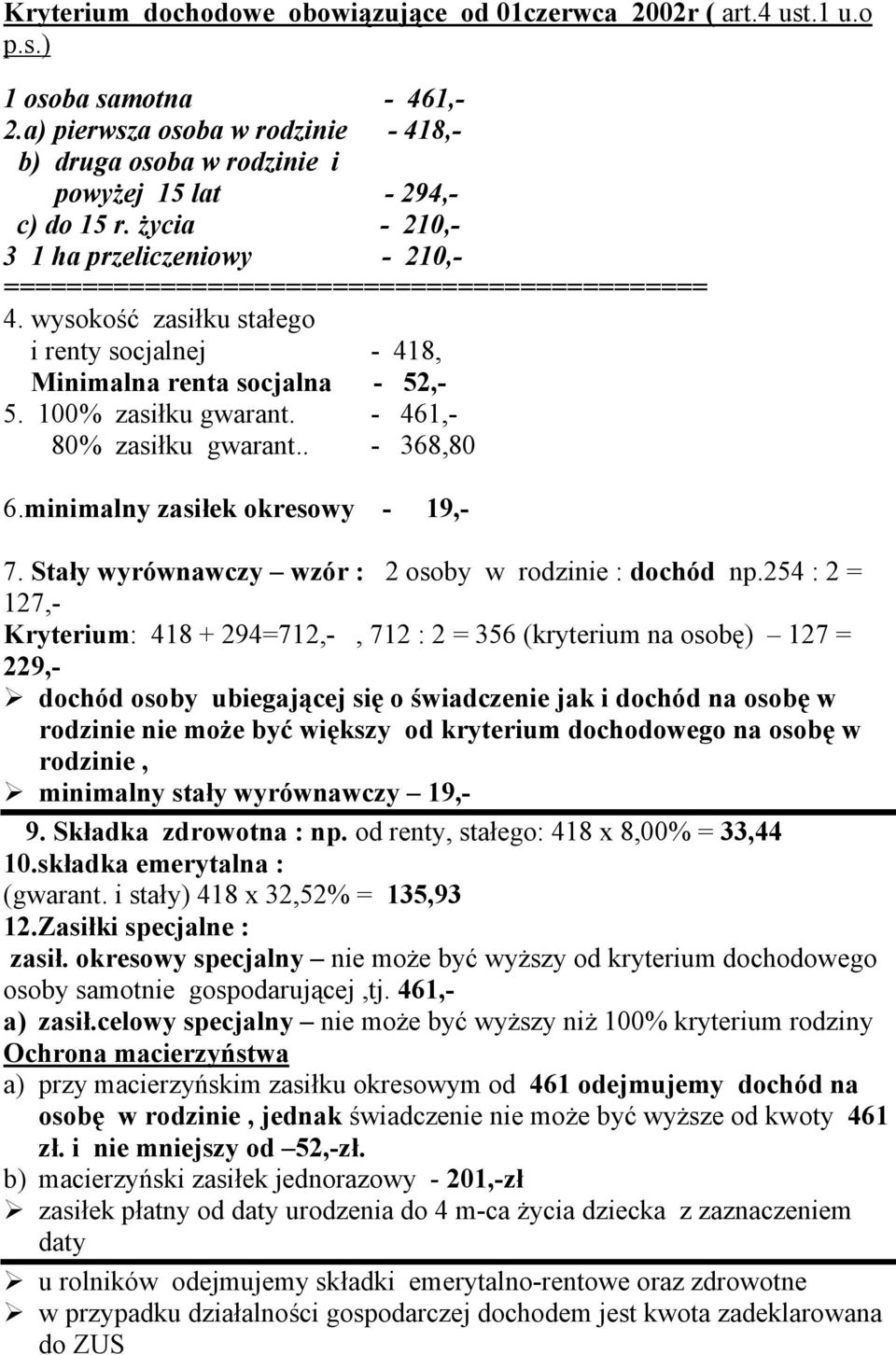 wysokość zasiłku stałego i renty socjalnej - 418, Minimalna renta socjalna - 52,- 5. 100% zasiłku gwarant. - 461,- 80% zasiłku gwarant.. - 368,80 6.minimalny zasiłek okresowy - 19,- 7.