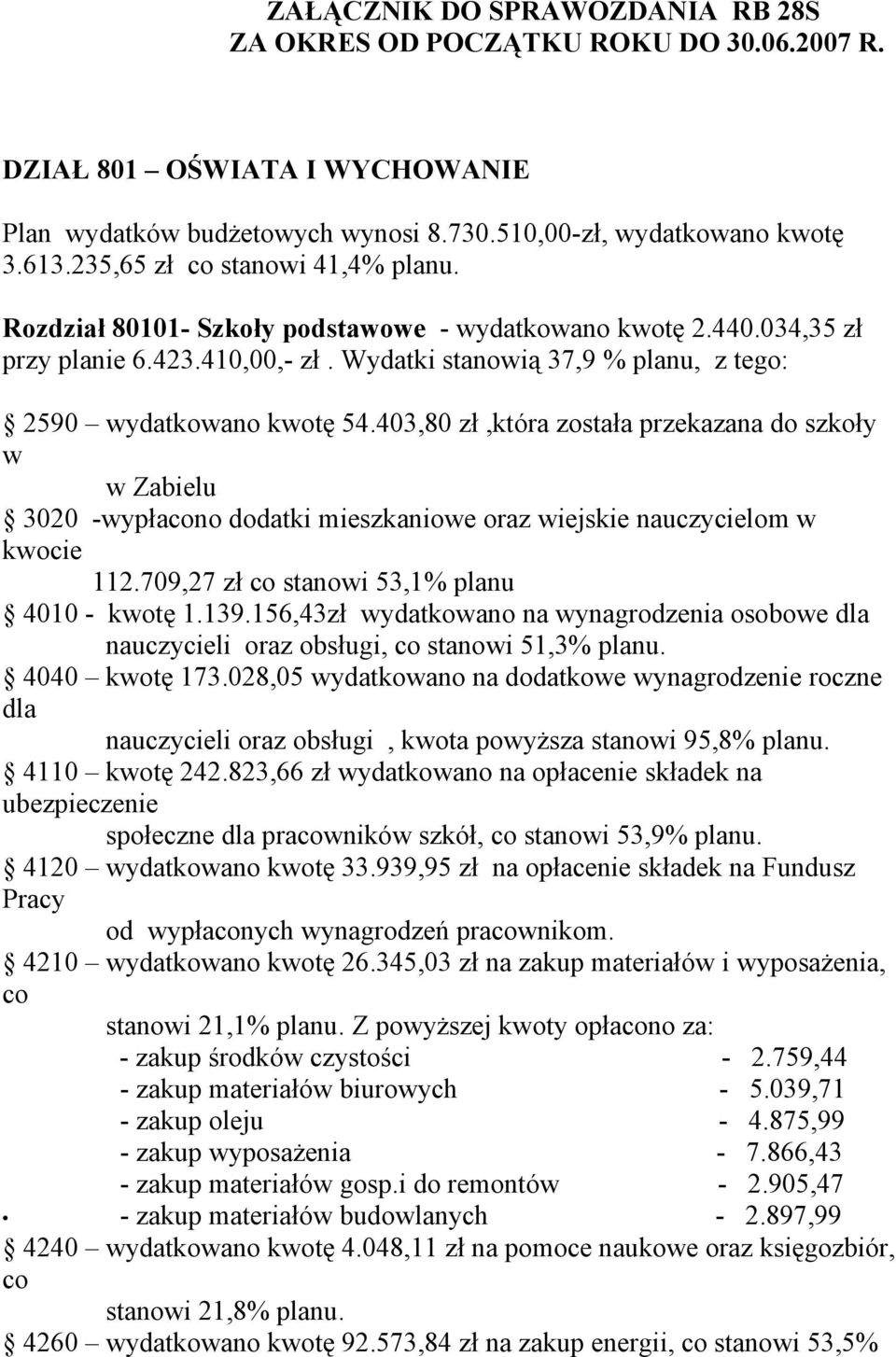 403,80 zł,która została przekazana do szkoły w w Zabielu 3020 -wypłacono dodatki mieszkaniowe oraz wiejskie nauczycielom w kwocie 112.709,27 zł co stanowi 53,1% planu 4010 - kwotę 1.139.