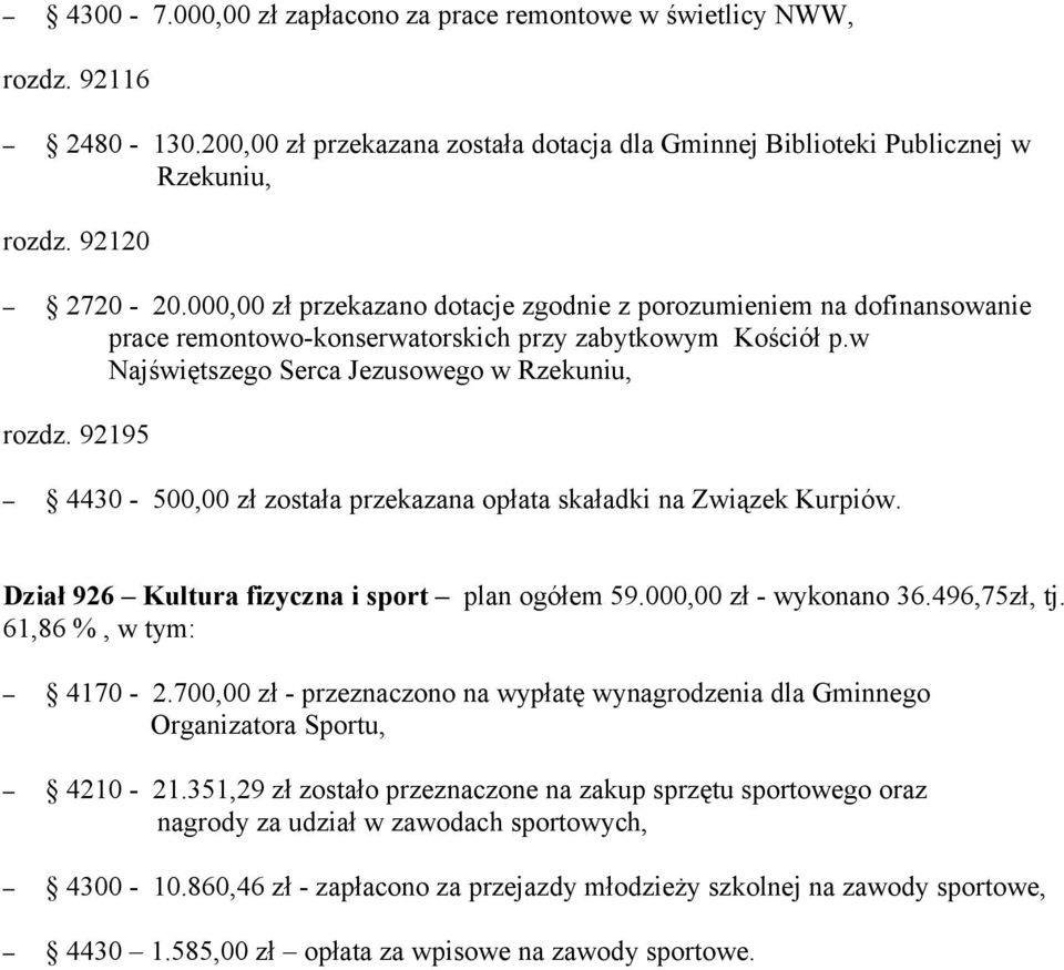 92195 4430-500,00 zł została przekazana opłata skaładki na Związek Kurpiów. Dział 926 Kultura fizyczna i sport plan ogółem 59.000,00 zł - wykonano 36.496,75zł, tj. 61,86 %, w tym: 4170-2.