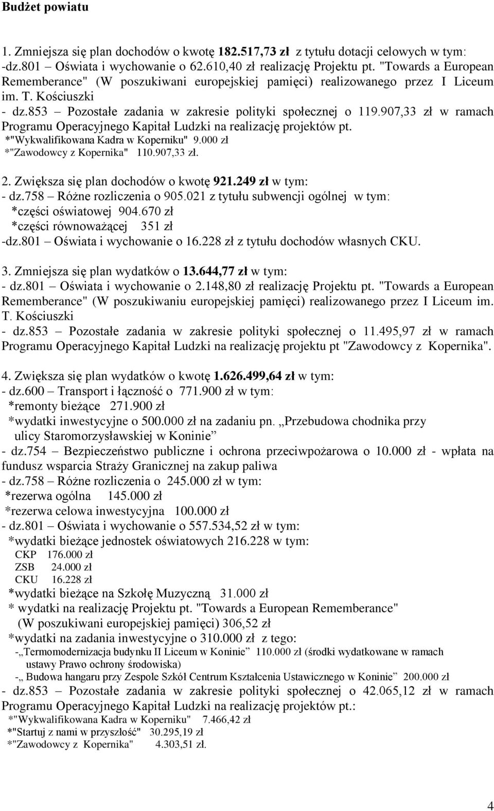 907,33 zł w ramach Programu Operacyjnego Kapitał Ludzki na realizację projektów pt. *"Wykwalifikowana Kadra w Koperniku" 9.000 zł *"Zawodowcy z Kopernika" 110.907,33 zł. 2.