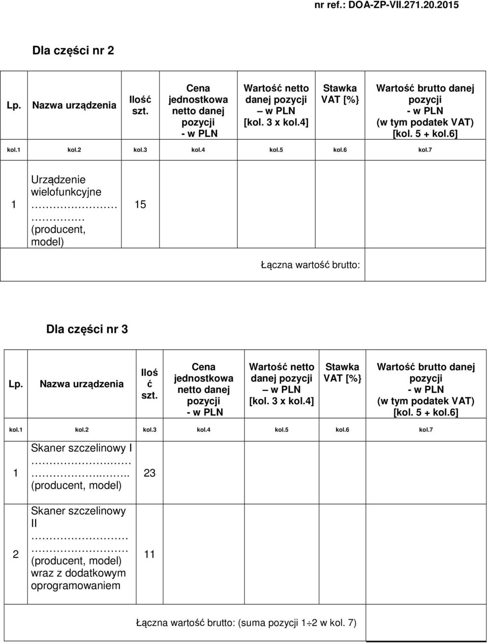 7 1 Urządzenie wielofunkcyjne (producent, model) 15 Łączna wartość brutto: Dla części nr 3 Lp. urządzenia Iloś ć szt.