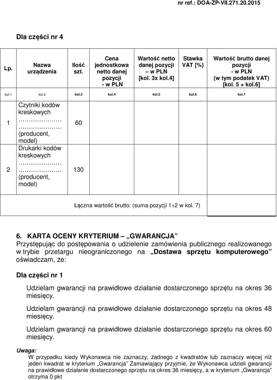 7 1 2 Czytniki kodów kreskowych (producent, model) Drukarki kodów kreskowych (producent, model) 60 130 Łączna wartość brutto: (suma pozycji 1 2 w kol. 7) 6.