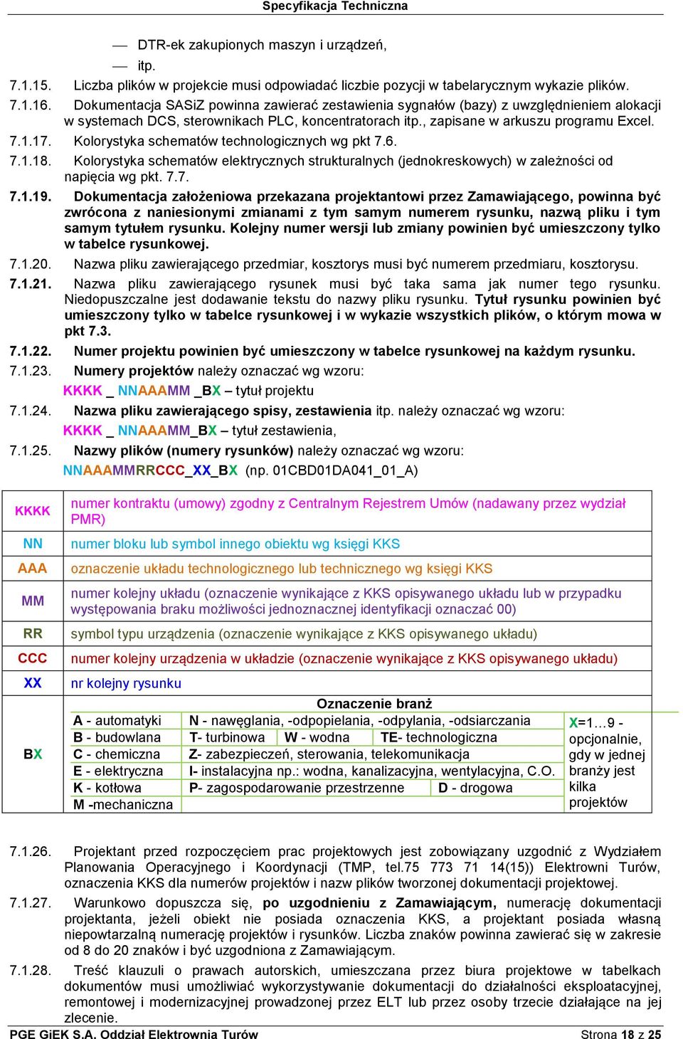 Kolorystyka schematów technologicznych wg pkt 7.6. 7.1.18. Kolorystyka schematów elektrycznych strukturalnych (jednokreskowych) w zależności od napięcia wg pkt. 7.7. 7.1.19.