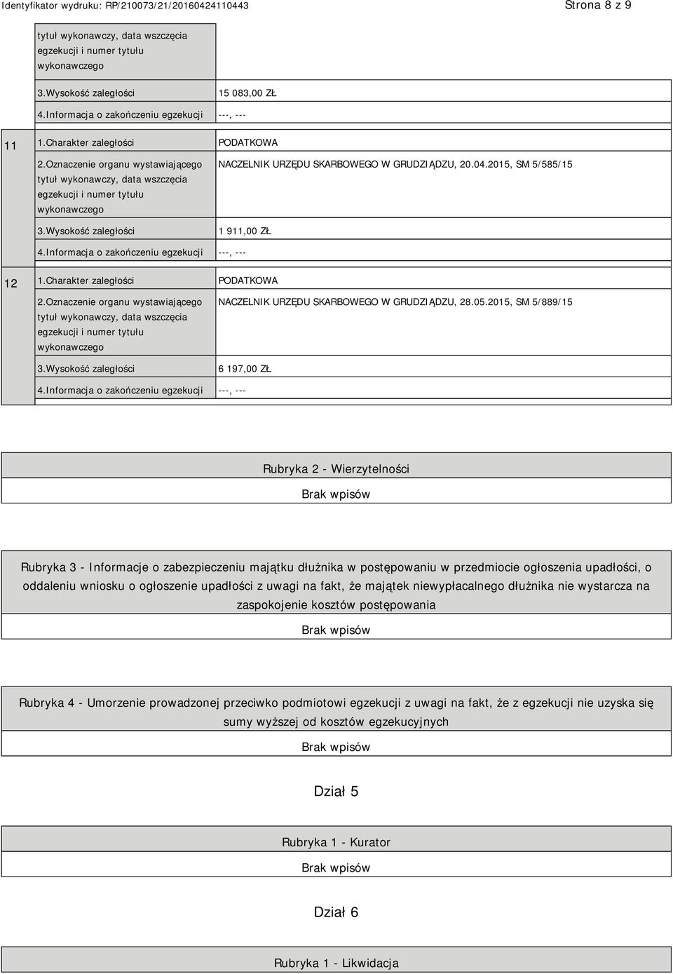 2015, SM 5/889/15 6 197,00 ZŁ Rubryka 2 - Wierzytelności Rubryka 3 - Informacje o zabezpieczeniu majątku dłużnika w postępowaniu w przedmiocie ogłoszenia upadłości, o oddaleniu wniosku