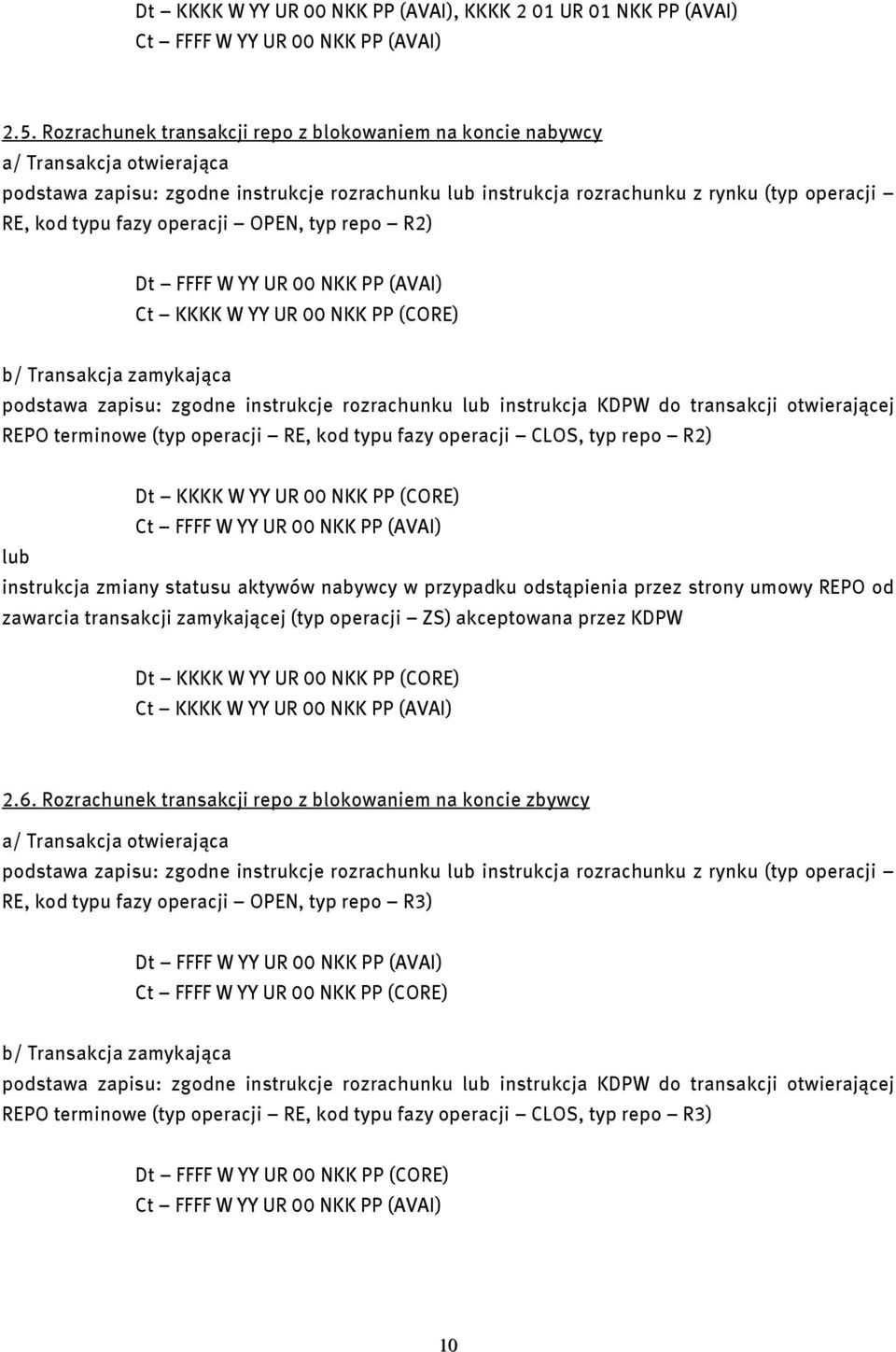 operacji OPEN, typ repo R2) Ct KKKK W YY UR 00 NKK PP (CORE) b/ Transakcja zamykająca podstawa zapisu: zgodne instrukcje rozrachunku lub instrukcja KDPW do transakcji otwierającej REPO terminowe (typ