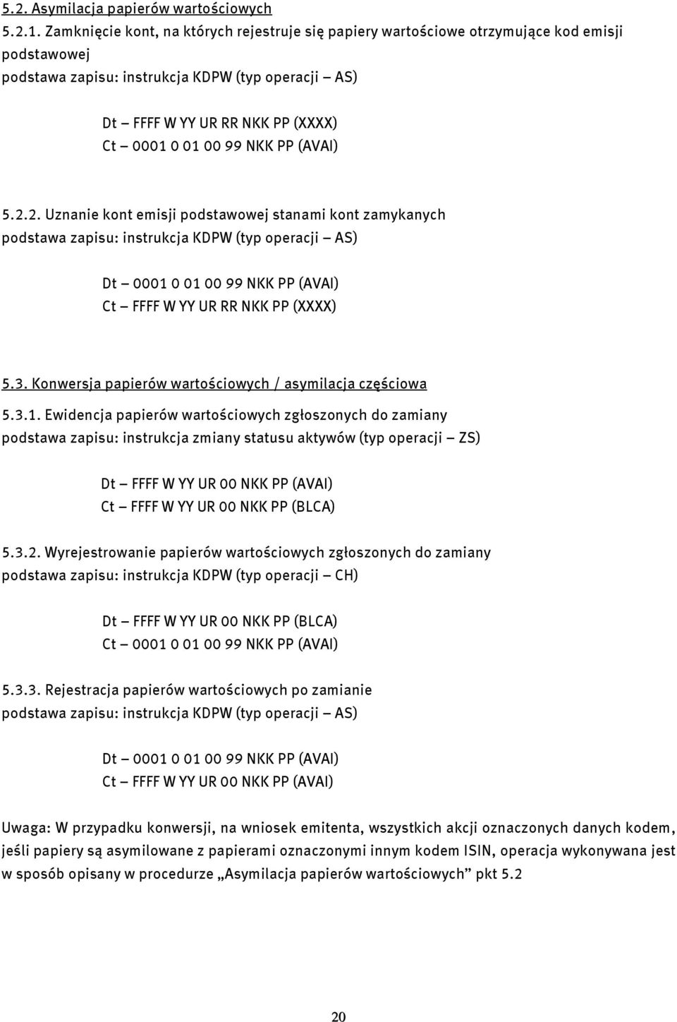 2. Uznanie kont emisji podstawowej stanami kont zamykanych podstawa zapisu: instrukcja KDPW (typ operacji AS) Dt 0001 0 01 00 99 NKK PP (AVAI) Ct FFFF W YY UR RR NKK PP (XXXX) 5.3.