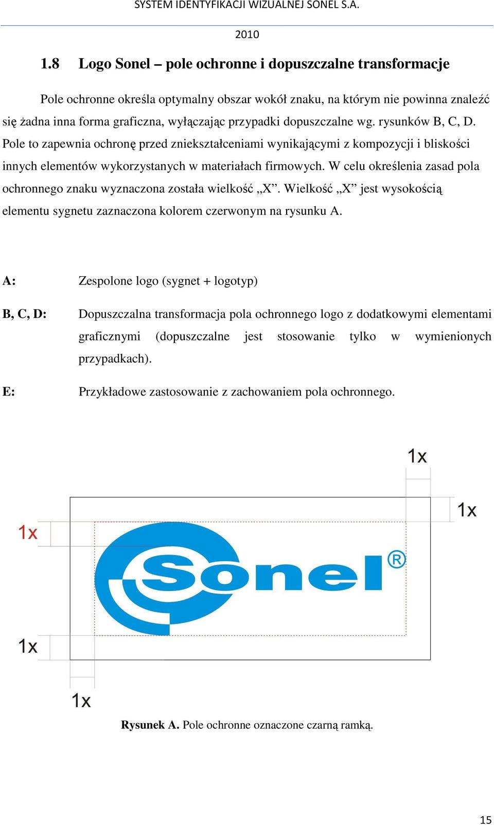 W celu określenia zasad pola ochronnego znaku wyznaczona została wielkość X. Wielkość X jest wysokością elementu sygnetu zaznaczona kolorem czerwonym na rysunku A.