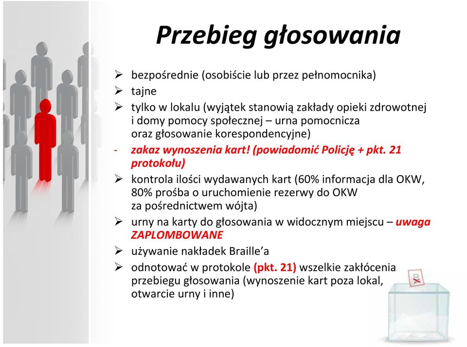 21 protokołu) kontrola ilości wydawanych kart (60% informacja dla OKW, 80% prośba o uruchomienie rezerwy do OKW za pośrednictwem wójta) urny na karty do