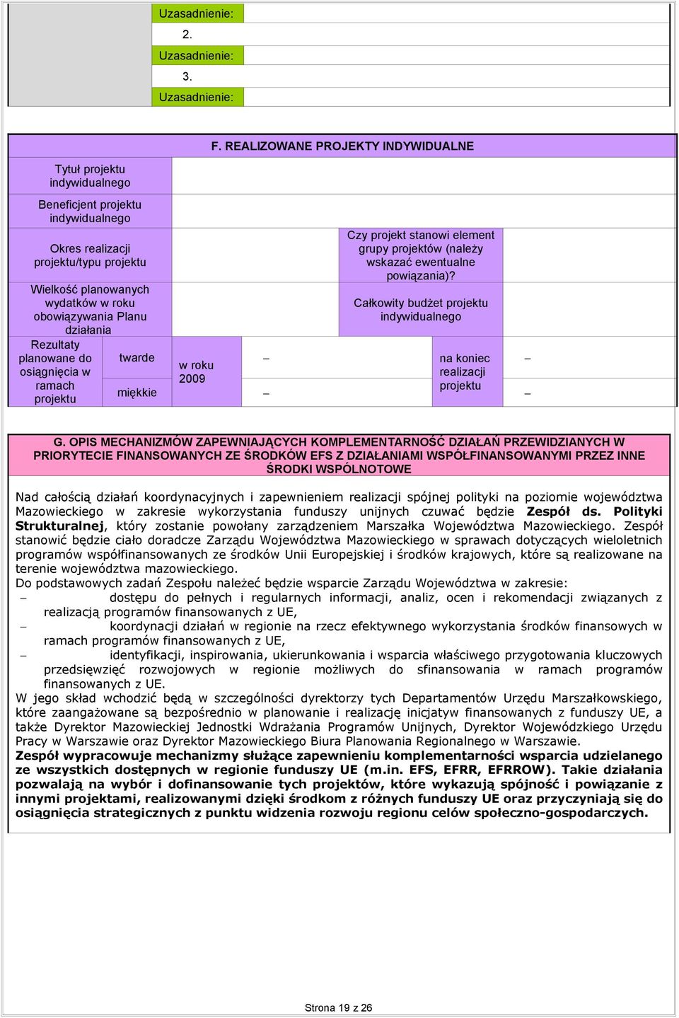 twarde osiągnięcia w ramach Czy projekt stanowi element grupy projektów (należy wskazać ewentualne powiązania)? Całkowity budżet indywidualnego na koniec w roku realizacji 2009 miękkie G.