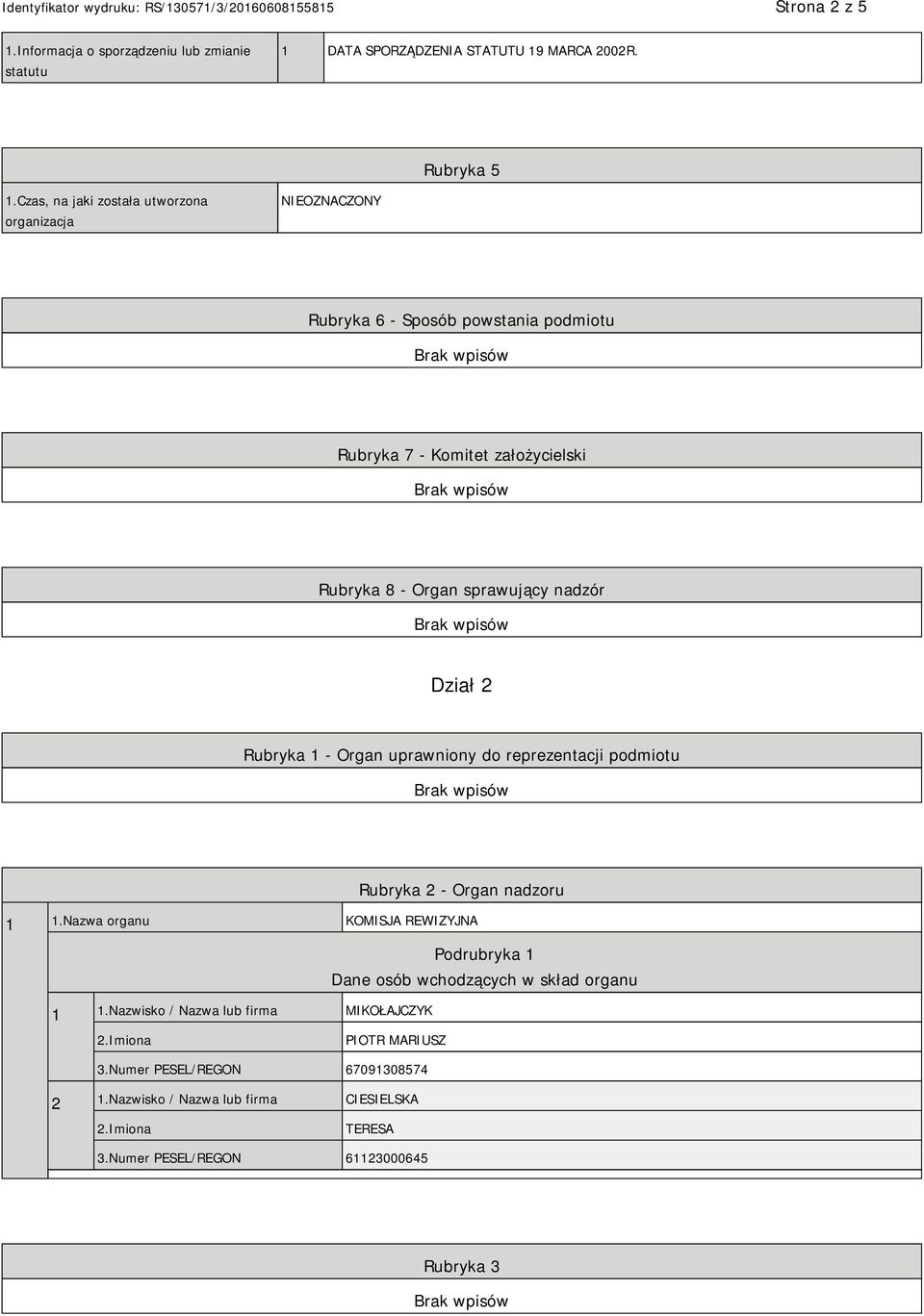 nadzór Dział 2 Rubryka 1 - Organ uprawniony do reprezentacji podmiotu Rubryka 2 - Organ nadzoru 1 1.