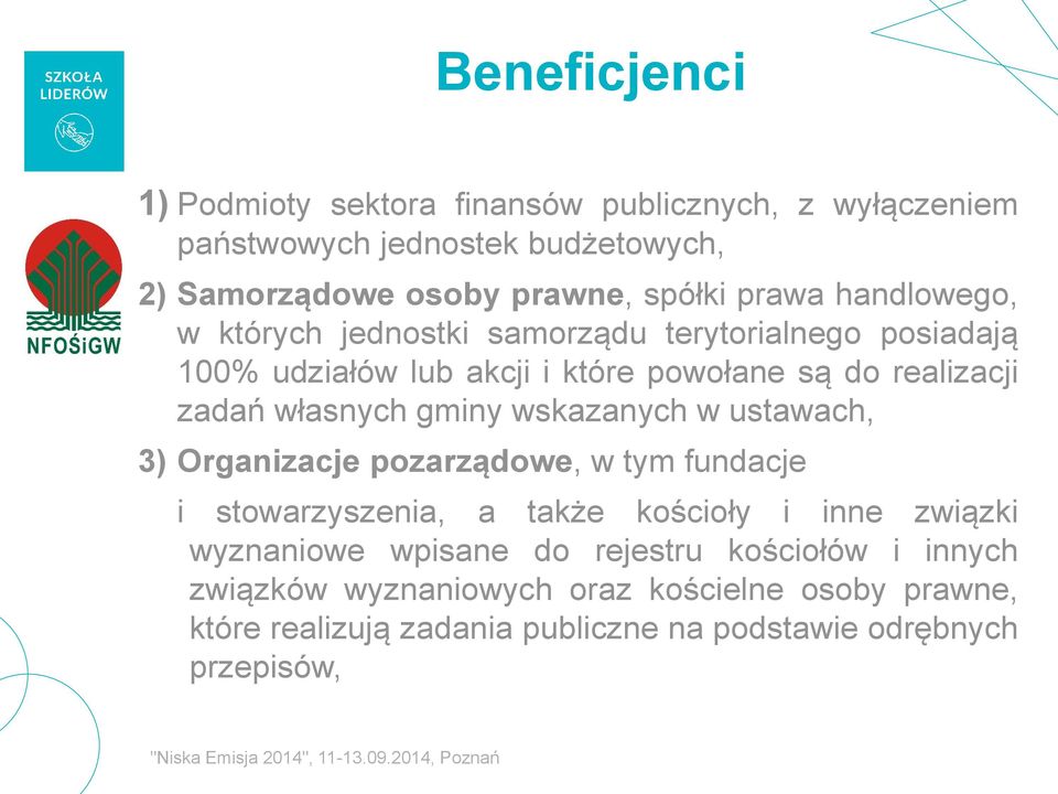 własnych gminy wskazanych w ustawach, 3) Organizacje pozarządowe, w tym fundacje i stowarzyszenia, a także kościoły i inne związki wyznaniowe