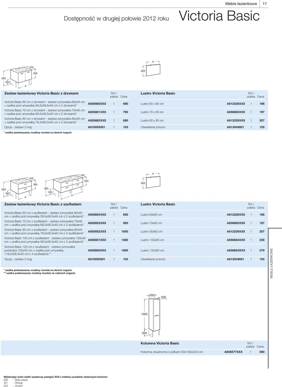 790 Victoria Basic 80 cm z drzwiami - zestaw (umywalka 80x45 cm + szafka pod umywalkę 78,5x56,5x45 cm z 2 drzwiami)* A855882XXX 1 890 Opcja - zestaw 2 nóg A816555001 1 103 * szafka podwieszana;