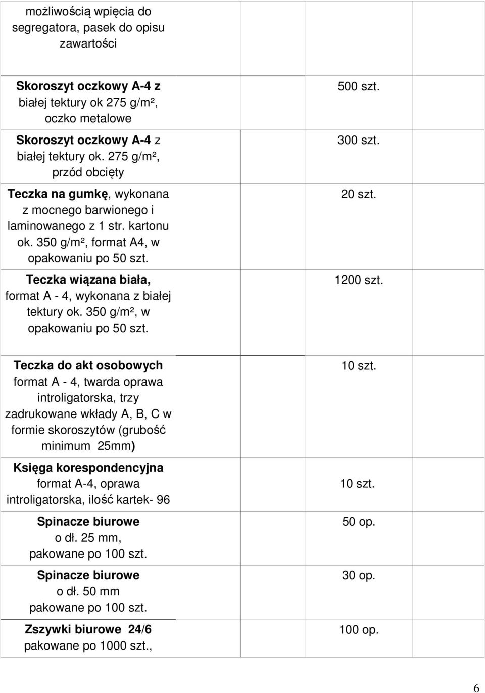 Teczka wiązana biała, format A - 4, wykonana z białej tektury ok. 350 g/m², w opakowaniu po 50 szt. 500 szt. 300 szt. 1200 szt.