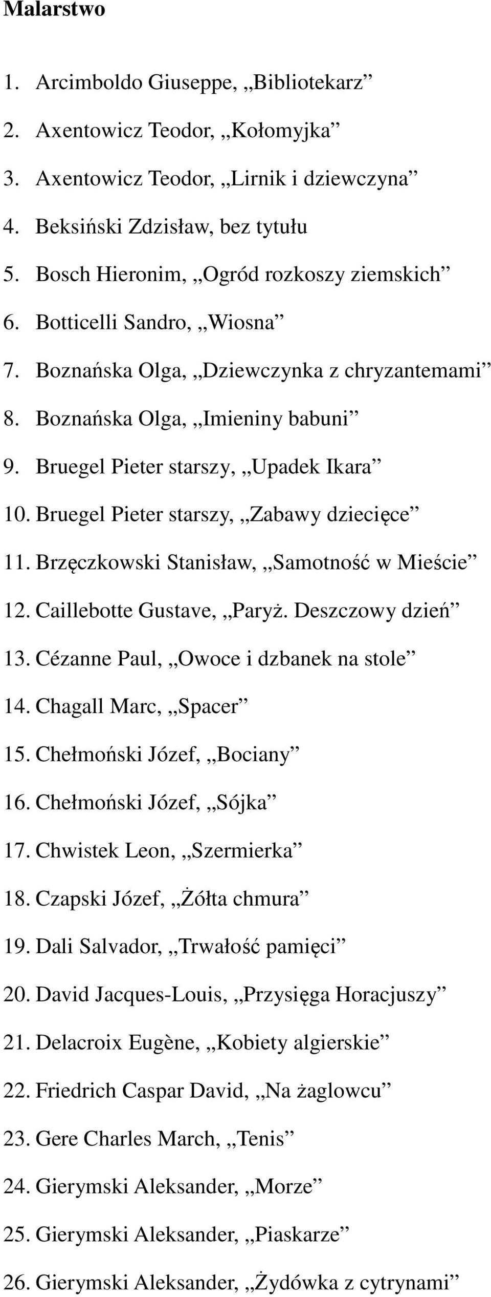 Bruegel Pieter starszy, Zabawy dziecięce 11. Brzęczkowski Stanisław, Samotność w Mieście 12. Caillebotte Gustave, Paryż. Deszczowy dzień 13. Cézanne Paul, Owoce i dzbanek na stole 14.